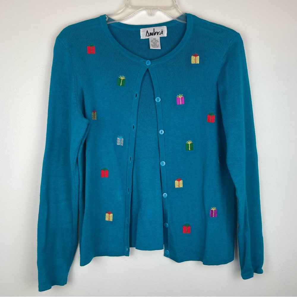 Ambra Vintage Holiday Cardigan Petite Medium Embroidered Gift Boxes